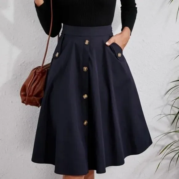 Classic Dark Green Button Detail Pocket Midi Skirt