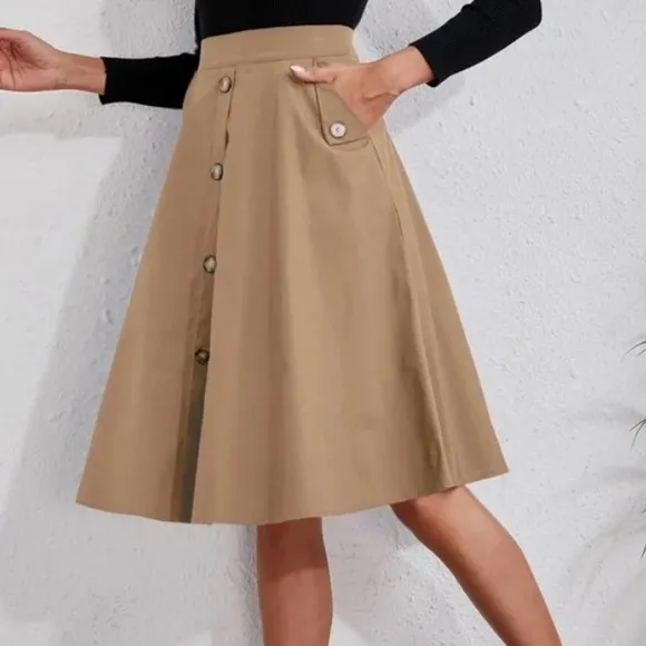 Classic Dark Green Button Detail Pocket Midi Skirt