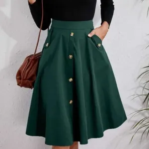 Classic Dark Green Button Detail Pocket Midi Skirt