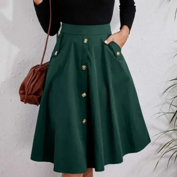 Classic Dark Green Button Detail Pocket Midi Skirt