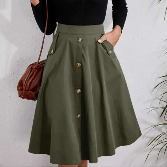 Classic Dark Green Button Detail Pocket Midi Skirt