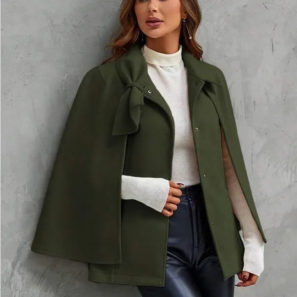 Classic Elegant Office Work Cloak Sleeve Bow Front Cape Overcoat Jacket