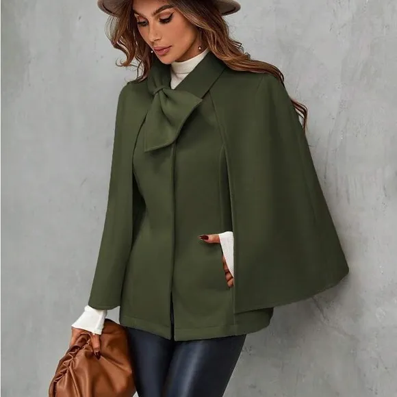 Classic Elegant Office Work Cloak Sleeve Bow Front Cape Overcoat Jacket