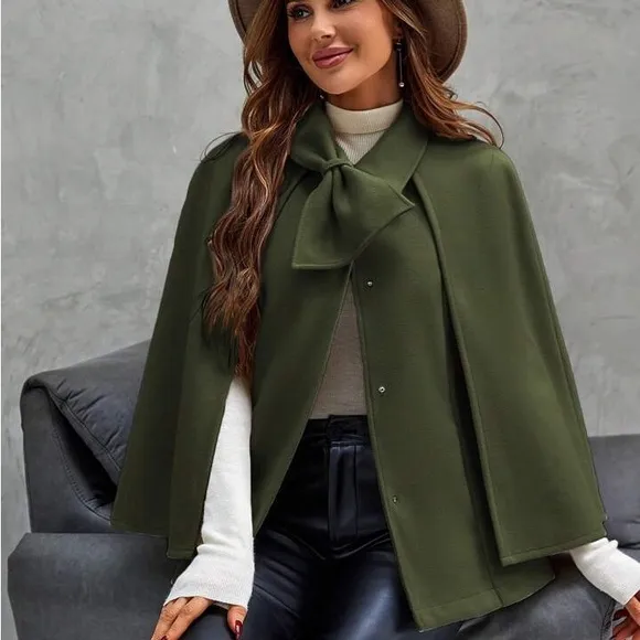 Classic Elegant Office Work Cloak Sleeve Bow Front Cape Overcoat Jacket