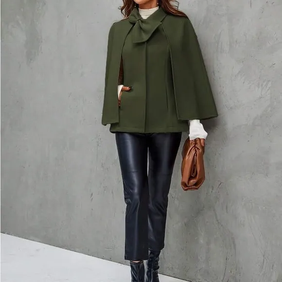 Classic Elegant Office Work Cloak Sleeve Bow Front Cape Overcoat Jacket