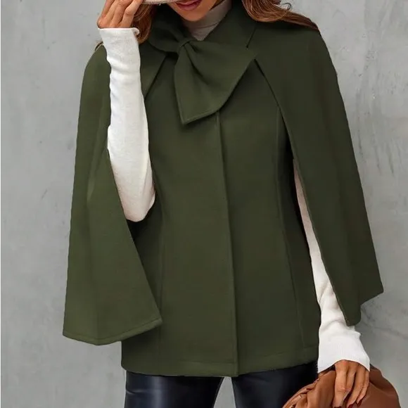 Classic Elegant Office Work Cloak Sleeve Bow Front Cape Overcoat Jacket