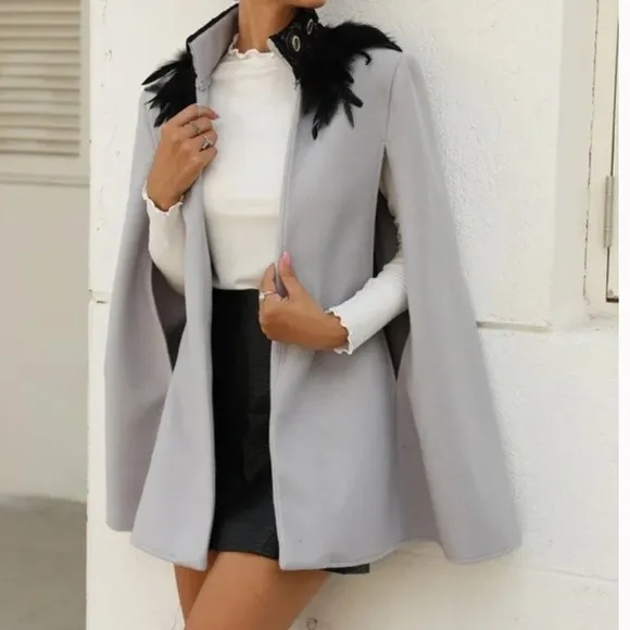 Classic gray Open Front Feather Trim Cape Jacket