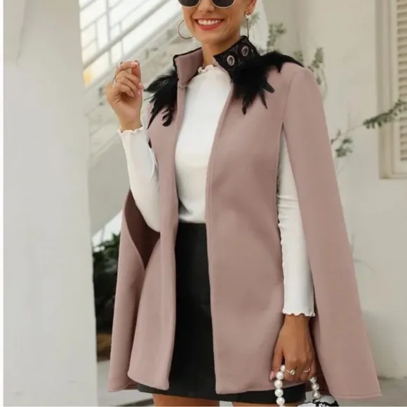Classic gray Open Front Feather Trim Cape Jacket