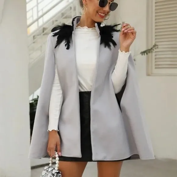 Classic gray Open Front Feather Trim Cape Jacket