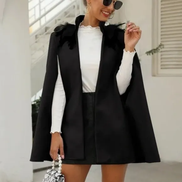 Classic gray Open Front Feather Trim Cape Jacket