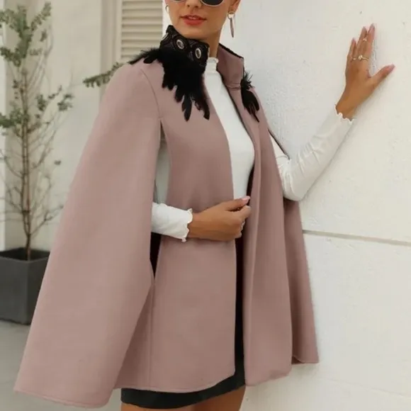 Classic gray Open Front Feather Trim Cape Jacket