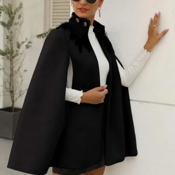 Classic gray Open Front Feather Trim Cape Jacket