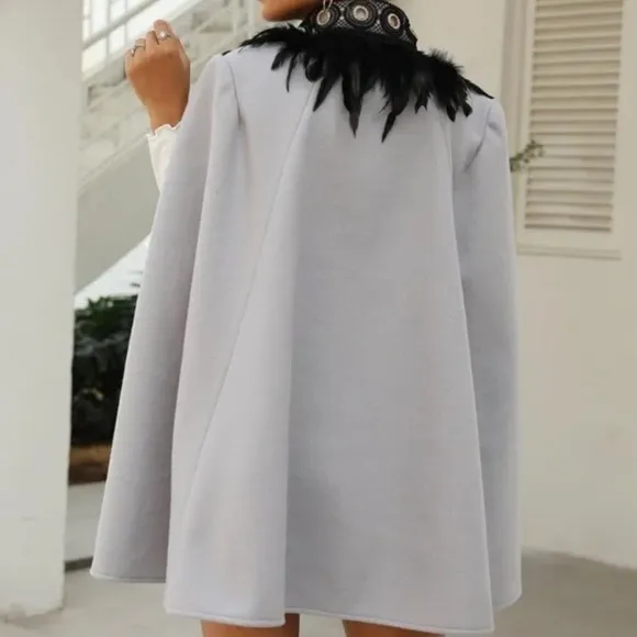 Classic gray Open Front Feather Trim Cape Jacket