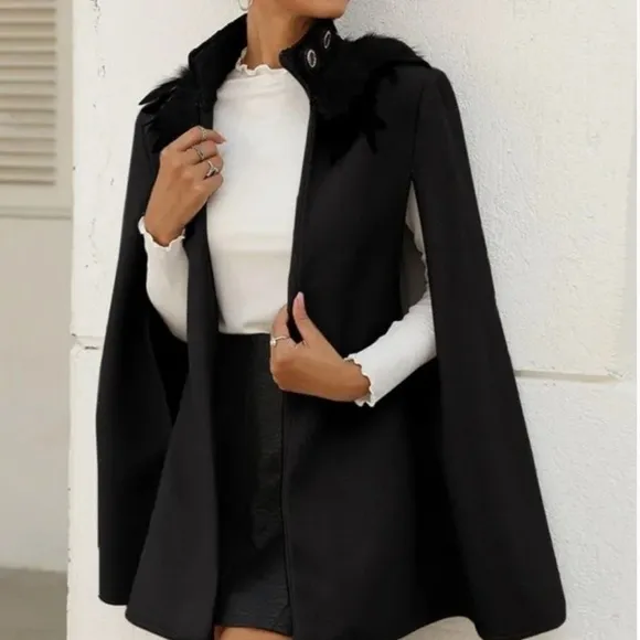 Classic gray Open Front Feather Trim Cape Jacket
