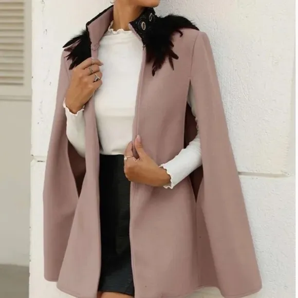 Classic gray Open Front Feather Trim Cape Jacket