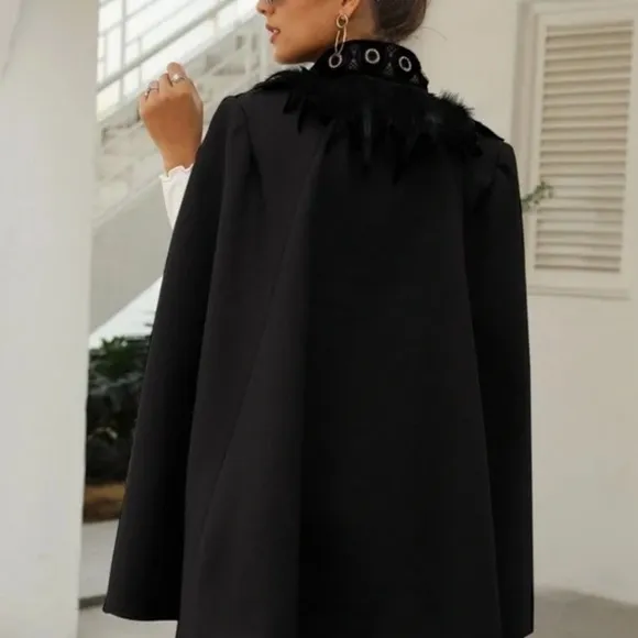 Classic gray Open Front Feather Trim Cape Jacket