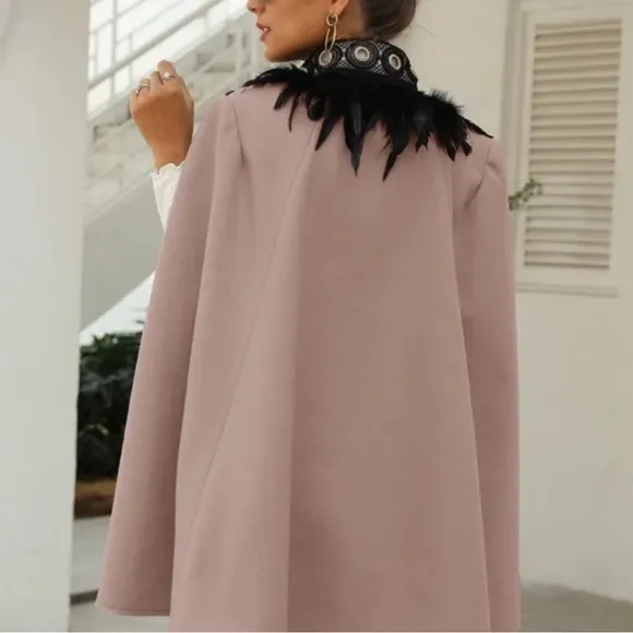 Classic gray Open Front Feather Trim Cape Jacket