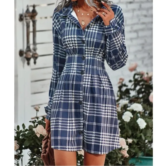 Classic houndstooth plaid button down shirt dress