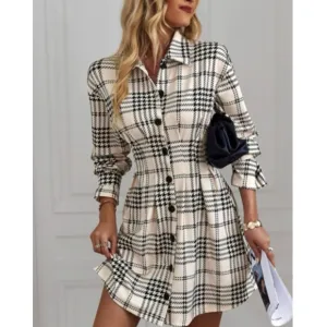 Classic houndstooth plaid button down shirt dress