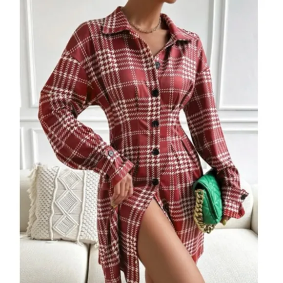 Classic houndstooth plaid button down shirt dress