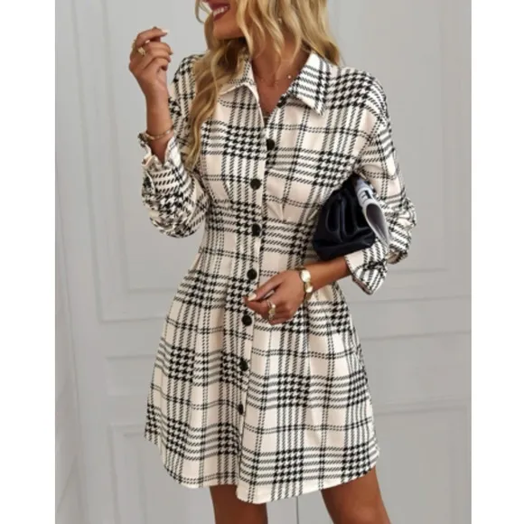 Classic houndstooth plaid button down shirt dress