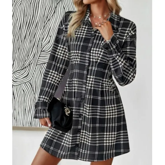 Classic houndstooth plaid button down shirt dress
