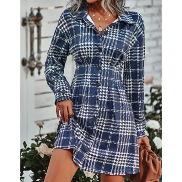 Classic houndstooth plaid button down shirt dress