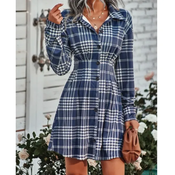 Classic houndstooth plaid button down shirt dress