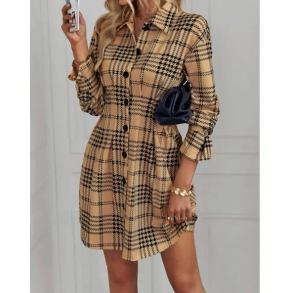 Classic houndstooth plaid button down shirt dress