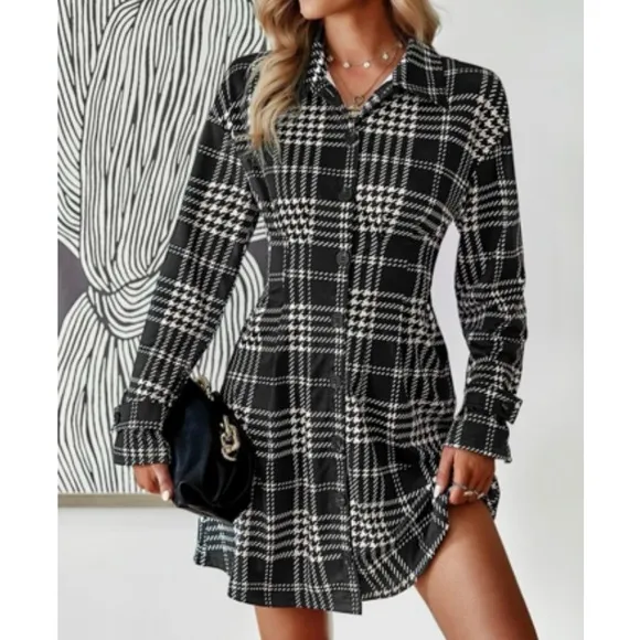 Classic houndstooth plaid button down shirt dress