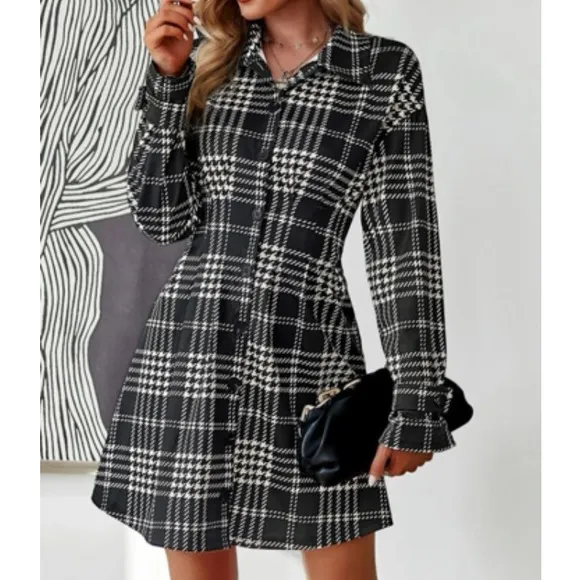 Classic houndstooth plaid button down shirt dress