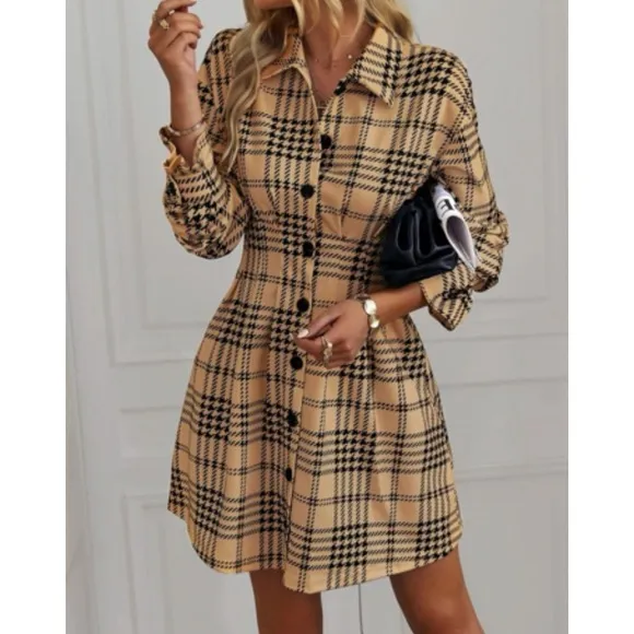 Classic houndstooth plaid button down shirt dress
