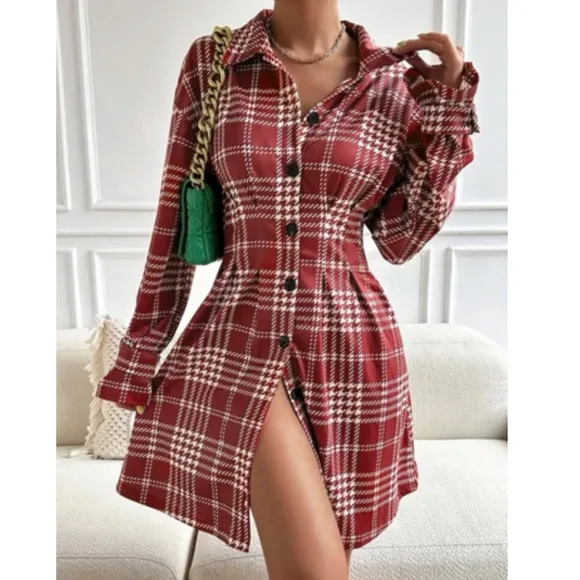 Classic houndstooth plaid button down shirt dress
