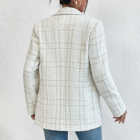 Classic Houndstooth Print Open Front Blazer White