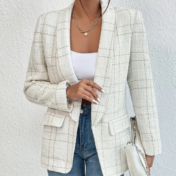 Classic Houndstooth Print Open Front Blazer White