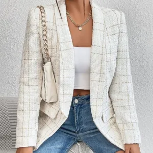 Classic Houndstooth Print Open Front Blazer White