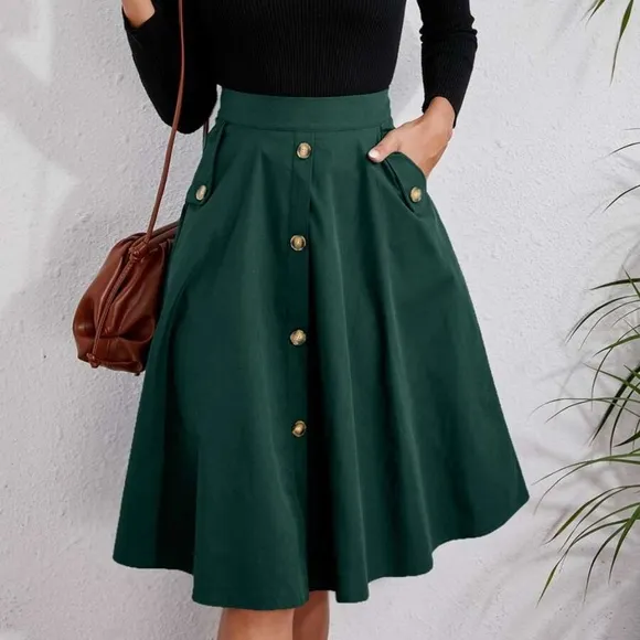 Classic Khaki Tan Button Detail Pocket Midi Skirt Work office
