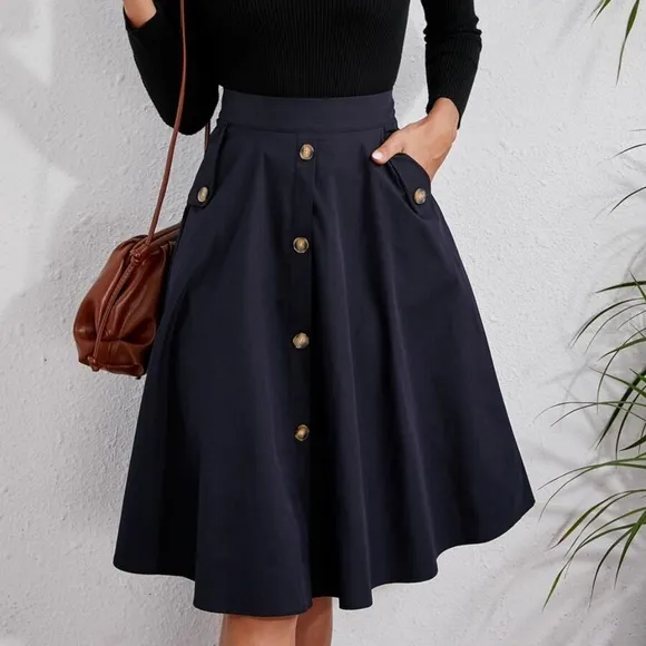 Classic Khaki Tan Button Detail Pocket Midi Skirt Work office