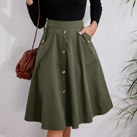 Classic Khaki Tan Button Detail Pocket Midi Skirt Work office