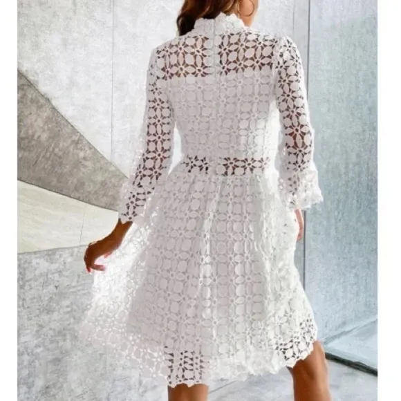 Classic Lace Frill Neck Long Sleeve Party Dress