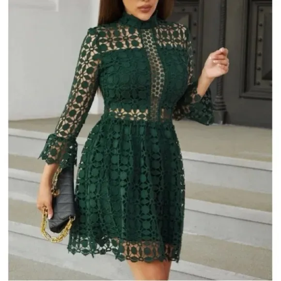 Classic Lace Frill Neck Long Sleeve Party Dress
