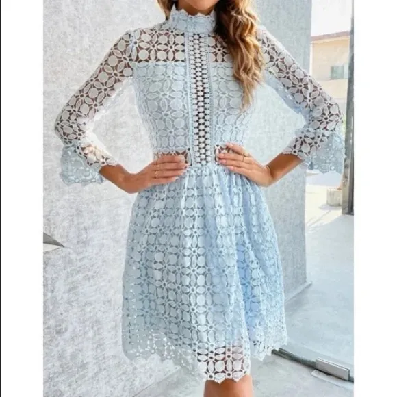 Classic Lace Frill Neck Long Sleeve Party Dress