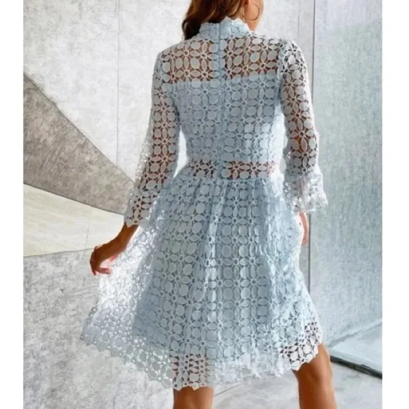 Classic Lace Frill Neck Long Sleeve Party Dress