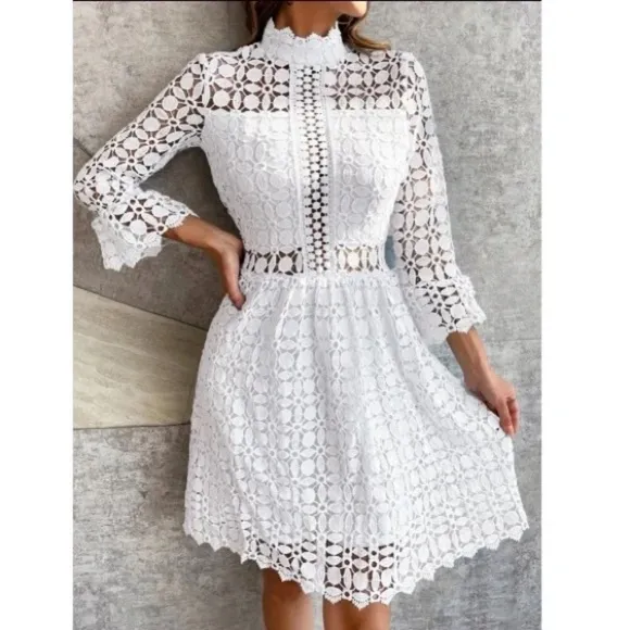 Classic Lace Frill Neck Long Sleeve Party Dress
