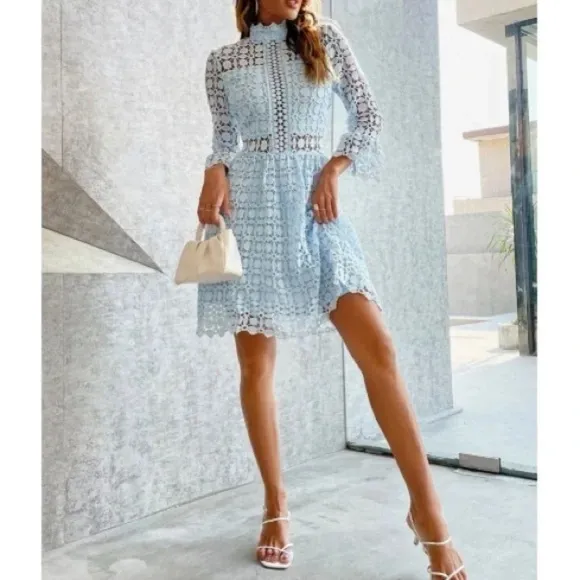 Classic Lace Frill Neck Long Sleeve Party Dress