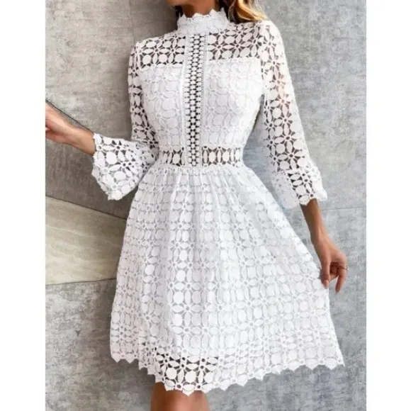 Classic Lace Frill Neck Long Sleeve Party Dress