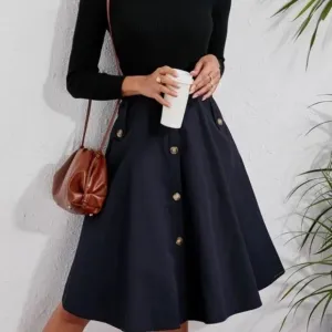 Classic Navy Blue Button Detail Pocket Midi Skirt