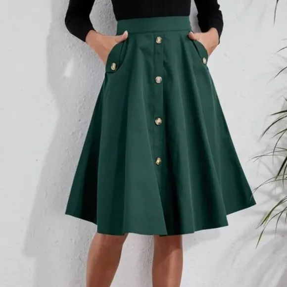 Classic Navy Blue Button Detail Pocket Midi Skirt