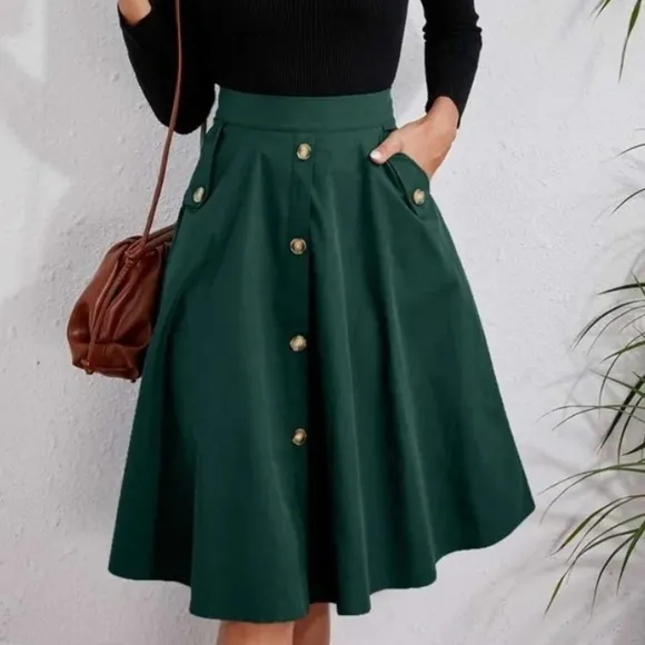 Classic Navy Button Detail Pocket Midi Skirt Work