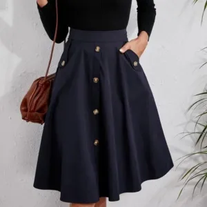 Classic Navy Button Detail Pocket Midi Skirt Work